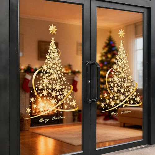 APKOL Weihnachtsbaum Fensteraufkleber groß,Diy statische Goldene fensterbilder weihnachten groß für Glas,PVC fensterbild weihnachtsbaum für Fenster Wand Türaufkleber Schaufenster(2 Pcs)