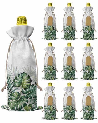 Burlap Wine Bags 10 PCS Palm Leaves Wine Bottle Gift Bag Summer Tropical Plant Leaf Reusable Wines Gift Bags with Drawstrings Tags & Ropes Wines Bottle Covers for Wedding Holiday Party Birthday
