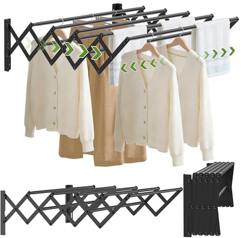 FREEAMG Wäscheständer Wandmontage, Klappbarer Wand-Wäschetrockner(Schwarz) | Edelstahl Wandtrockner, Ausziehbarer Handtuchhalter für den Innen & Außenbereich Geeignet