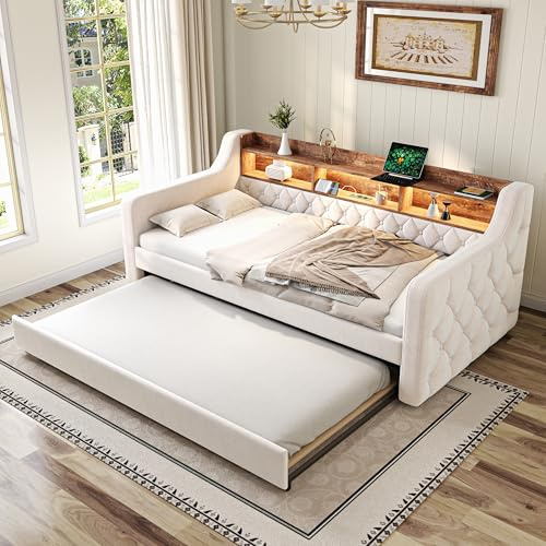 ZIDEY Tagesbett 90x190, Schlafsofa mit LED & USB & Stauraum, ausziehbarem Bett, Daybett Ausziehbett mit Lattenrost, Gästebett, Samt, Ohne Matratze, Beige