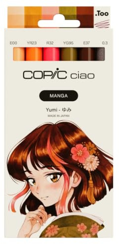 Copic Ciao MANGA Set Yumi, Marker Set mit 5 Rotbraun- und dezenten Grüntönen inkl. 1 Multiliner 0,3 mm in Weinrot, Twin Marker mit einer mittelbreiten und einer Brush Spitze