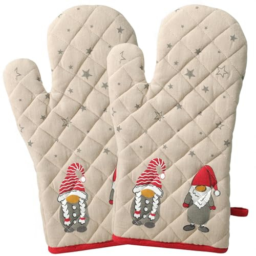 MIJOMA Topfhandschuhe Weihnachten 2er Set – Backhandschuhe 32x16 cm mit Wichtel & Sternen – Hitzeschutz aus Baumwolle mit Aufhängeschlaufe