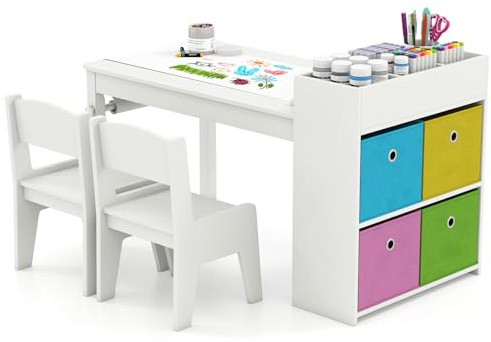 DREAMADE 2 in 1 Kindertisch mit 2 Stühlen, Kinder Maltisch mit Papierrolle & 4 Stoffboxen & Ablagefächern, Kindersitzgruppe aus Holz mit Stauraum für Kinderzimmer, Spielzimmer (Weiß)