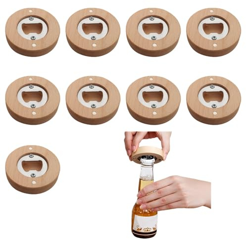 YTAXYZWR Apribottiglie in Legno Magnetico con Acciaio Inox, Set da 9 Apribottiglie Rotondi 6 cm Eleganti e Compatti per Cucina, Frigo e Regali