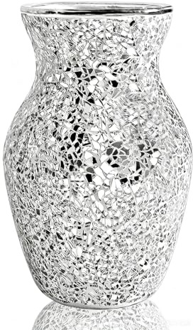 Vaso in vetro mosaico craquelé, argento, portafiori | Finitura mosaico specchiata e forma sinuosa per fiori freschi, secchi o artificiali