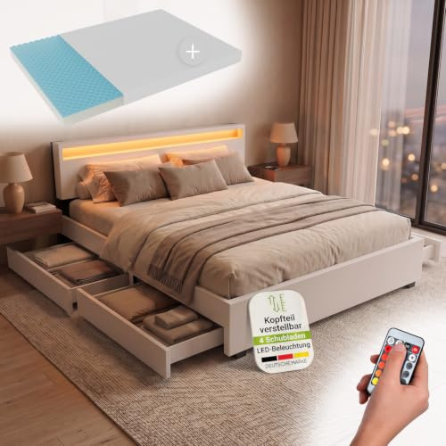 Juskys Polsterbett Lyon 180x200 cm mit Matratze, Bettkasten, LED Beleuchtung, Lattenrost & Kopfteil, weiß, Bett Bettgestell Doppelbett Ehebett