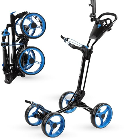 Qwik-Fold Golf Push Cart 4-Wheel with Foot Brake – 1-Second Fold Golf Trolley, Lightweight Aluminum Frame, Adjustable Handle, Ball-Bearing Wheels & Umbrella Holder - Black/Blue