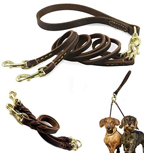 Multifunktions-2-Wege-Hundeleine Doppel Zwei Hund Leder Leinen Abnehmbar Anti Twining Walking und Training 2 Kleine Mittlere Hunde (Color : Brown)