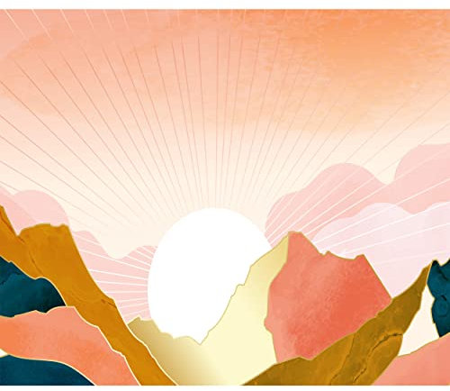 decomonkey Fototapete Gebirge 100x70 cm Design Tapete Fototapeten Tapeten Wandtapete moderne Wand Schlafzimmer Wohnzimmer Abstrakt Berge Hügel Natur Sonne Rosa Orange