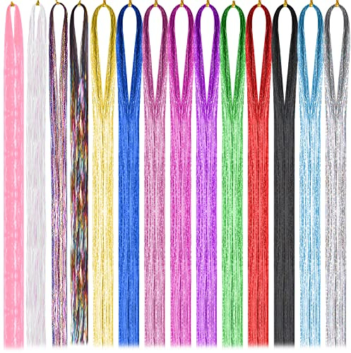 4200 Strähne Haar Lametta Stränge,14 Farben Haarlametta Haarverlängerungen, Glänz Haarsträhnen, Highlights 94CM Glattes langes Haarteil Haarschmuck für Mädchen Frauen Kinder