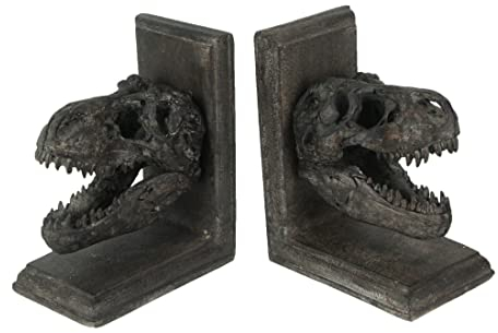 Things2Die4 Buchstützen aus Kunstharz, Tyrannosaurus Rex, T-Rex, Totenkopf-Design, Braun, 16,5 cm, 2 Stück