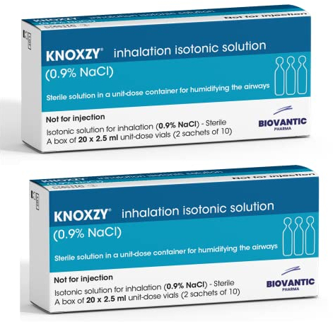 KNOXZY Sterile isotonische Kochsalzlösung 0,9% – Natriumchlorid NaCl – Inhalations-Kochsalzlösung zur Befeuchtung der Atemwege – 20 x 2,5 ml Einheitsdosisfläschchen (2er-Pack)