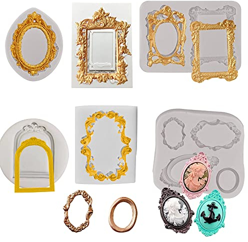 6 PCS Vintage Frame Silicone Mold, Baroque Style Fondant Cake Decorating Mould, 3D Curlicues Scroll Lace Photo Frame Molds for Sugar Gum Paste Chocolate Cookies Resin Polymer Clay