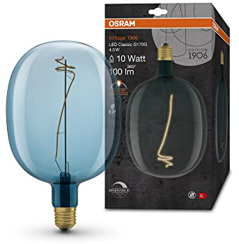 Osram Lamps Vintage 1906 LED-Lampe mit blauer Tönung,4,5W,100lm,Ballon-Form 170mm Durchmesser & E27-Sockel,warmweiße Lichtfarbe,dimmbares Filament,bis zu 15.000 Stunden Lebensdauer,4058075761872