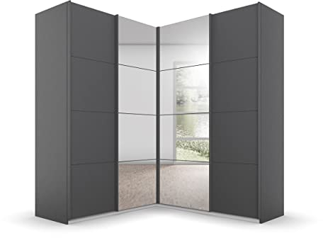 Rauch Möbel Quadra Schrank Eckschrank Schwebetürenschrank, Grau metallic, Schwarz, 4-TRG. mit Spiegel, inkl. 2 Kleiderstangen, 12 Einlegeböden, BxHxT 181x210x187 cm