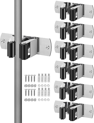 AceMining Broom Holder, 6Pcs Silver Broom Holder Wall Mounted, Stainless Steel Mop Holder, Broom Gripper with Nails Installation, Heavy Duty Broom Clips, Broom Storage