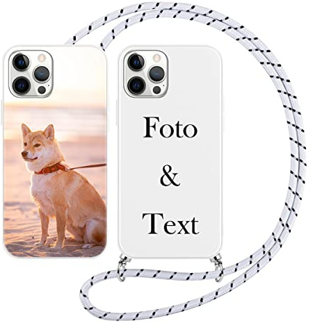Yoedge Handykette Personalisierte Handyhülle für Apple iPhone 12 Pro Max Hülle mit Band Kordel 6,7,Selbst Gestalten mit Foto Bild Text Individuelle Schutzhülle Weiß Cover für iPhone 12 Pro Max Case