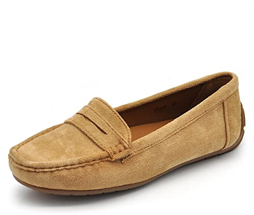 IF Fashion Scarpe Mocassini Slip On Loafers Morbidi Donna con Strass Pietri Camoscio Scamosciato FT245 Camel N.37