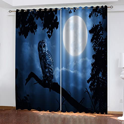 MAYNUO Blickdichte Vorhänge Mit Motiv 3D Vollmond Eule Nachtszene Kinder Gardinen Blickdicht Ösen Gardine Thermo 264x214 cm Schlafzimmer Kinderzimmer Vorhänge Dekoratives Muster, Verdunklungsvorhänge