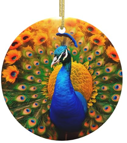 Pfau Sonnenblumen Feld Weihnachtsschmuck, Weihnachtsdekorationen Weihnachtsbaum Hängende Ornamente, Runde Keramik Festliches Andenken Geschenk für Weihnachtsdekorationen Urlaub Zuhause Party
