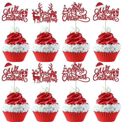 Xsstarmi 24 Stück Merry Christmas Cupcake Toppers Glitter Weihnachtsbaum Cupcake Picks Weihnachtsmann Hut Elch Kuchen Dekorationen für Frohe Weihnachten Thema Happy New Year Urlaub Party Supplies Rot