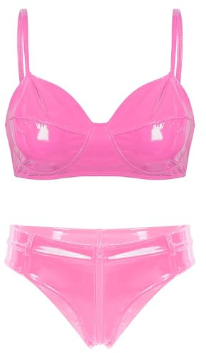 Agoky Damen Glänzend Lack Leder BH und Low Rise Slip String Tanga | Bikini Dessous Set Erotische Lingerie Nachtwäsche