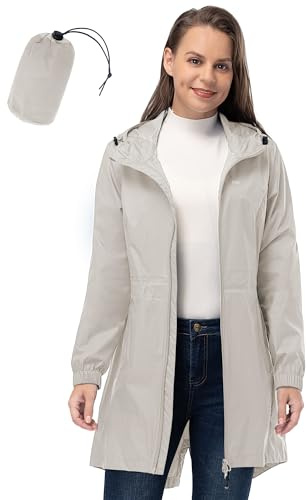 33,000ft Women's Rain Jacket Lightweight Hooded Long Rain Coat Waterproof Jacket Ladies Packable Functional Jacket Windbreaker Breathable Active Outdoor Coats Beige 3XL/20-22