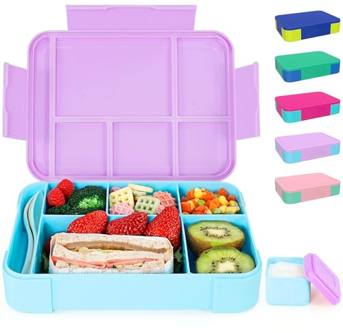 CAPERCI Bento Lunch Box for Kids, 1330ml Bento Box Kids, 5 Compartments, Leak Proof, with Sauce Box and Cutlery, Snack Box for Kids Adults School Work, Microwave/Dishwasher Safe (Orchid/Middle Blue)