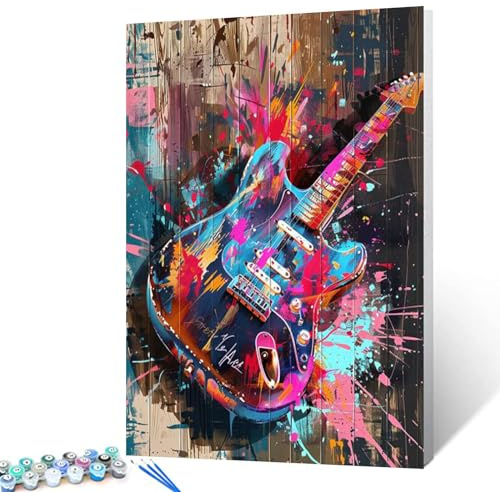 E-Gitarre Malen nach Zahlen Set 40,6 x 50,8 cm Leinwand DIY-Ölgemälde für Kinder, Studenten, Erwachsene Anfänger mit Pinseln Acryl-Pigment Bunter Graffiti-Stil Straßengitarren-Zeichnungen (ohne Rahmen