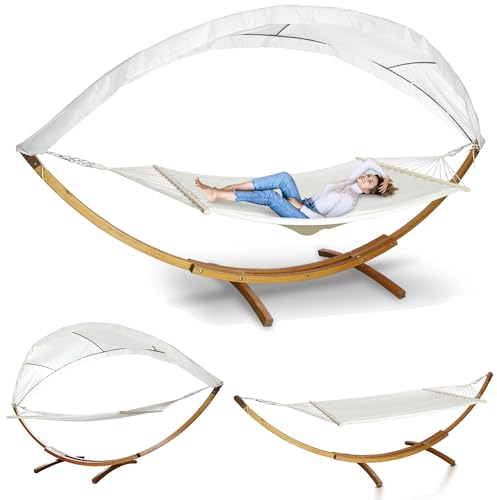 Hebitod Hängematten mit Gestell, Hängematte Outdoor für 2 Personen, Hängesessel mit Gestell und Dach, Bequemer Stoff, Hängemattengestell Holz, Belastbarkeit 200kg, Doppelhängematte für Garten, Pool