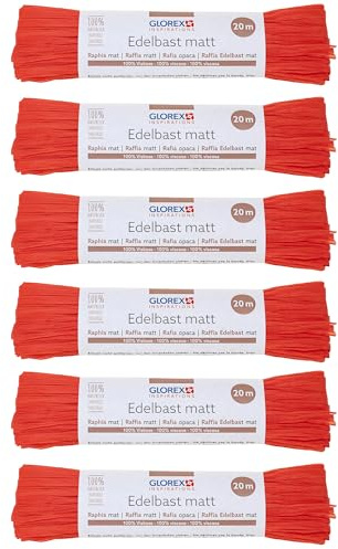 GLOREX 6 9400 503K - Raffia Edelbast, 6 Bündel je 20 m matter Bast, Korallenrot - zum Basteln, zur Dekoration oder für Gestecke, Sträuße und andere floristische Arbeiten