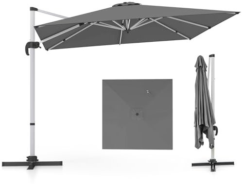 COSTWAY Parasol Déporté 3x3M, Parasol de Jardin Carré avec Base en Croix, Parasol Inclinable avec 5 Angles et Hauteurs Réglables, Parasol Excentré Rotatif à 360° avec Manivelle et Double Toit(Gris)