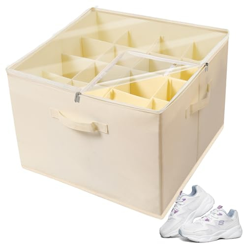 BASVII Rangement Chaussures Gain De Place Avec 16 Compartiments - Organisateur Chaussures Avec Couvercle En PVC Et PoignéEs - Sac Rangement Chaussures Pour Placard Pour Ranger Les Chaussures (Beige)