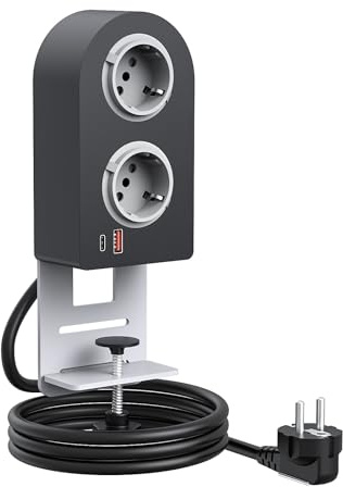 BQO 2-Fach Tischsteckdose mit Typ-C PD20W, 4 in 1 Mehrfachsteckdose mit 2 USB, Steckdosenleiste mit 1.5 m Kabel für Zuhause/Büro, Schwarz