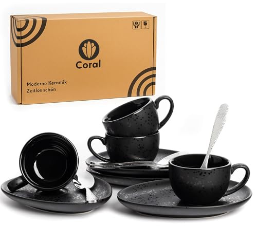 Coral - 4 x 90ml Espressotassen mit Henkel, Untertassen & Löffel (Set) aus Keramik Schwarz- 4er Pack Espressotasse inkl. Unterteller dickwandig, modern - Kaffee-Tassen Coffee Cup (90ml)