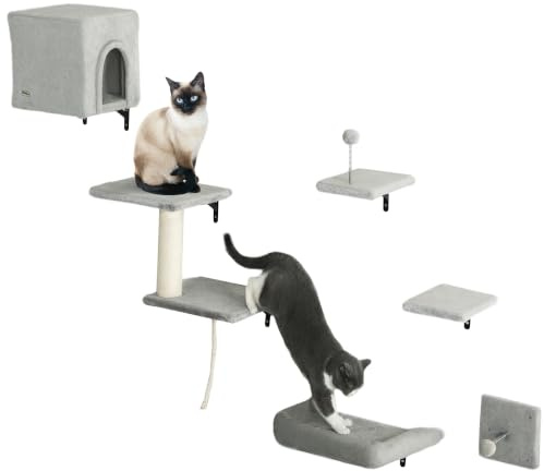 PawHut Cat Wall Shelves 6-Piece with Condo Platforms Bed Toy Ball Grey | Cat Wall Furniture Set, Sisal Scratching Post, for Climbing, Sleeping, Playing