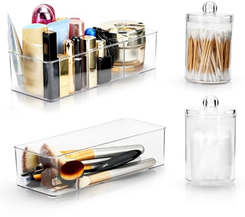 SITAKEGS 4pcs Kosmetik Organisator Stapelbar Acryl klar Make-up Organizer | Lagerung Schubladen Box Lippenstift Pinsel Qtips Halter, Desktop Stationery Desk Organisatoren für Bad Frisiertisch Eitelkeit