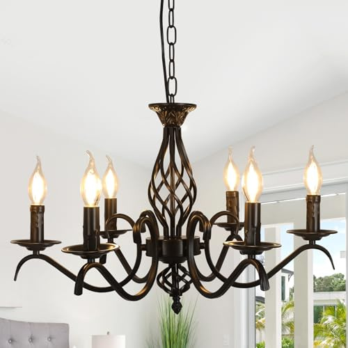 Comely Lámpara de Araña de Estilo Rústico, Lampara Colgante Vintage Negro de Hierro Forjado Altura Ajustable, Lámpara de Techo de 6 Luces para Dormitorio Comedor Sala de Estar, E14 Base