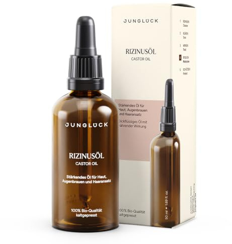 JUNGLÜCK Rizinusöl Kaltgepresst Bio – 100% rein für Haare, Wimpern & Haut | Natürliches Öl stärkt Haut, Augenbrauen und Haaransatz, schützt vor Haarbruch und kräftigt Augenbrauen und Wimpern