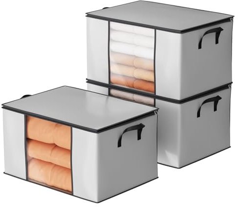 Oak & Tea 90L Storage Bags 3 Pack Large Capacity Clothes Storage Boxes with Lids and Zips Waterproof Moisture Proof with Reinforced Handles Clear PVC Window Ideal for Moving House 60x43x35cm