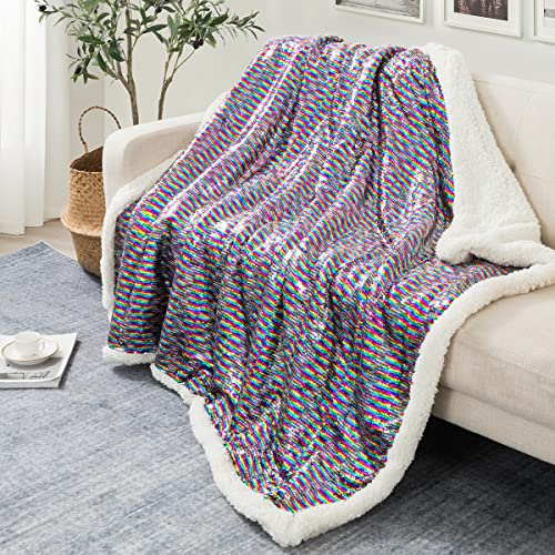 Homiest Flip Sequin Throw Blanket, Soft & Cozy Flannel Fleece Blanket, Heavy Duty Plush Reversible Throws for Sofa, Bed, Chair, Suitable for Fall Spring Winter (50 x 60 Inch, Purple Colorful)
