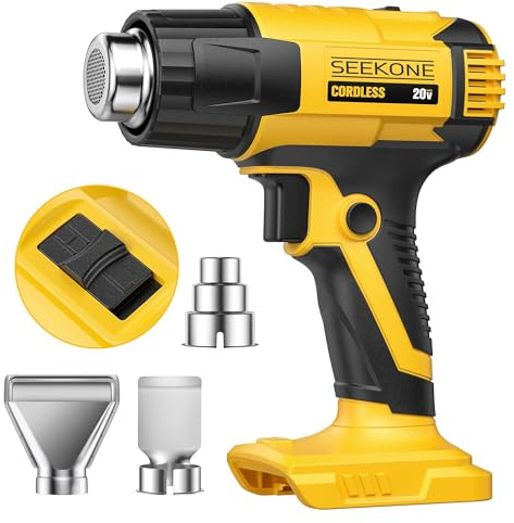 SEEKONE Cordless Heat Gun with 2 Temp Settings 1022℉ and 572℉, Compatible with Dewalt 20V Battery, Fast Heating Hot Air Gun with 3 Nozzles for Shrink Tubing, Vinyl Wrapping, Crafting (No Battery)