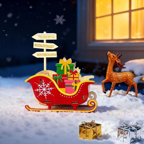 PIujsym Wichtel Zubehör Weihnachten komplett Set, 8-teiliges Wichtel Set mit Holzschlitten, Wegweiser, Rentier, Geschenkboxen Deko – für Wichteltür, wichtelzubehör deko, Weihnachtsdekoration
