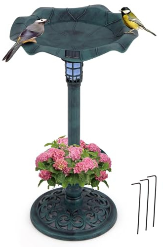 FANTASK Vogeltränke stehend, Ø43x76cm, Vogelbad mit Solarleuchte, Blumentopf, Wasserschale & Ständer, Vogelfutterstation Retro, Futterspender Vogelfutterspender für Balkon, Garten & Wald (Grün)