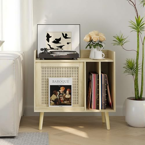 Kiasthome Soporte grande para tocadiscos con armario de almacenamiento y revistero de ratán, mesa auxiliar de almacenamiento de discos de vinilo con patas de madera maciza para sala de estar