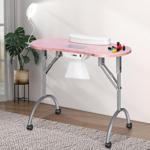 Estación de Mesa de manicura Pornail con colector de Polvo Incorporado, Escritorio Profesional Plegable con lámpara LED de Enchufe USB para Trabajo de salón