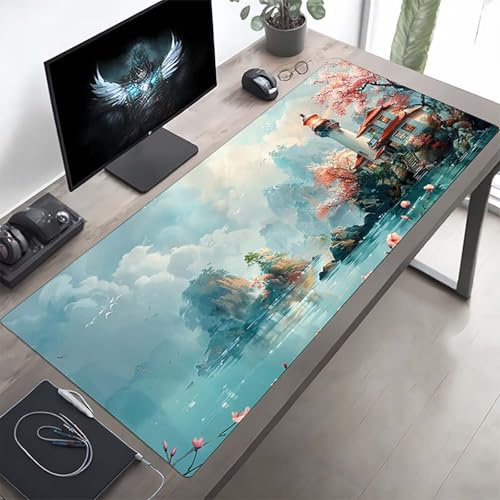 Gaming Mauspad 160 x 80cm Gaming Mousepad XXL Leuchtturm Blau Mauspad Schreibtischauflage, Genähte Kanten Mausmat, rutschfeste Gummibasis, Schreibtisch Schutz für Home Büro, Geschenke PjY9660 1-4