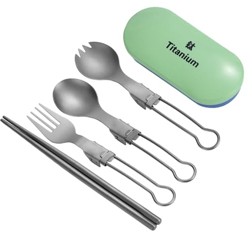 SHYYOULQE Campingbestick set gaffel sked ätpinne metall servis vikbara redskap med låda för utomhus picknick vandring hopfällbar metall servis set gaffel sked ätpinne