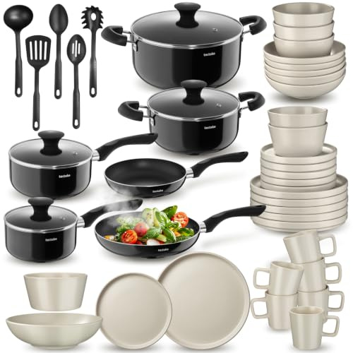 tectake® Juego de Vajilla Completa, Vajillas Completas Modernas, Platos Vajilla, Cuencos Cocina, Tazones Desayuno, Tazas Cafe, Ollas Aluminio Inoxidable - 45 Piezas Negro/Gris Topo