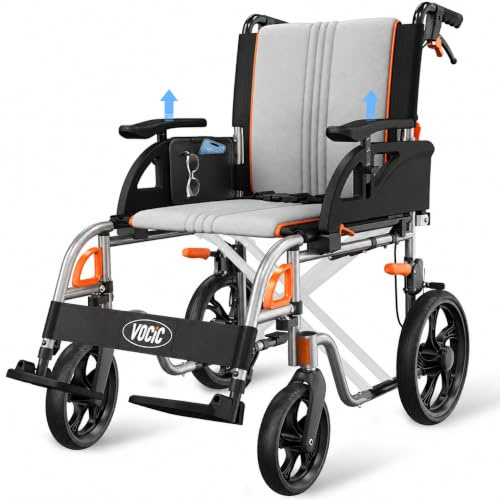 VOCIC U12 Lightweight Folding Wheelchair for Adults, 13kg Aluminium Transit | Lightweight Transport Wheelchair for Adults,Up to 136kg,Dual Brakes, 3D Comfort Cushion, 30cm Large Wheels,Dark Gray